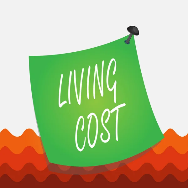 Conceptual hand writing showing Living Cost. Business photo text the amount of money that a demonstrating needs to sustain life Curved reminder paper memo nailed colorful surface pin frame. — Stok fotoğraf