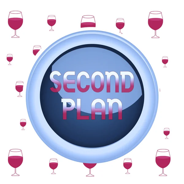 Text sign showing Second Plan. Conceptual photo next set of decisions about how to do something in the future Circle button colored sphere switch center background middle round shaped. — 图库照片