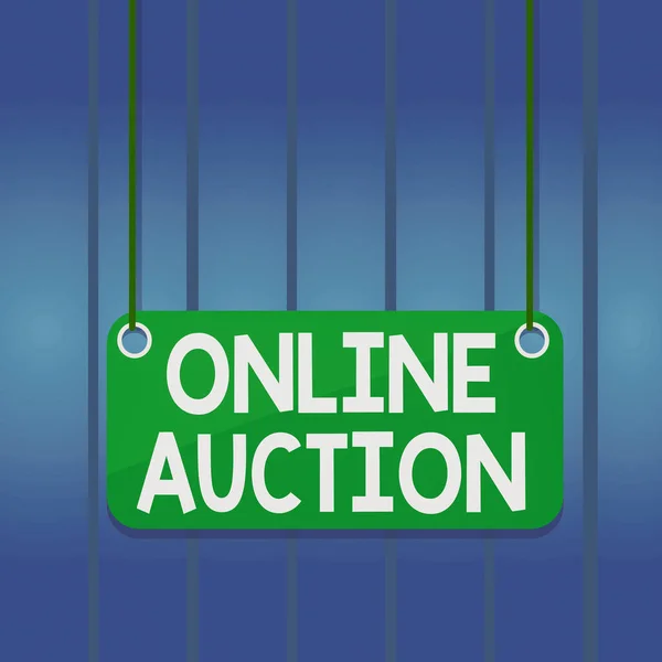 Writing note showing Online Auction. Business photo showcasing process of buying and selling goods or services online Board color background plank attached string panel rectangle. — 图库照片