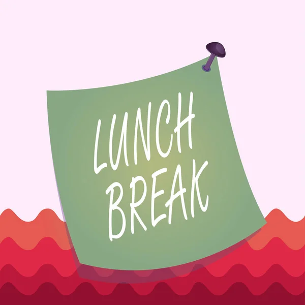 Conceptual hand writing showing Lunch Break. Business photo text time when a demonstrating stops working or studying to have lunch Curved reminder paper memo nailed colorful surface pin frame. — Zdjęcie stockowe