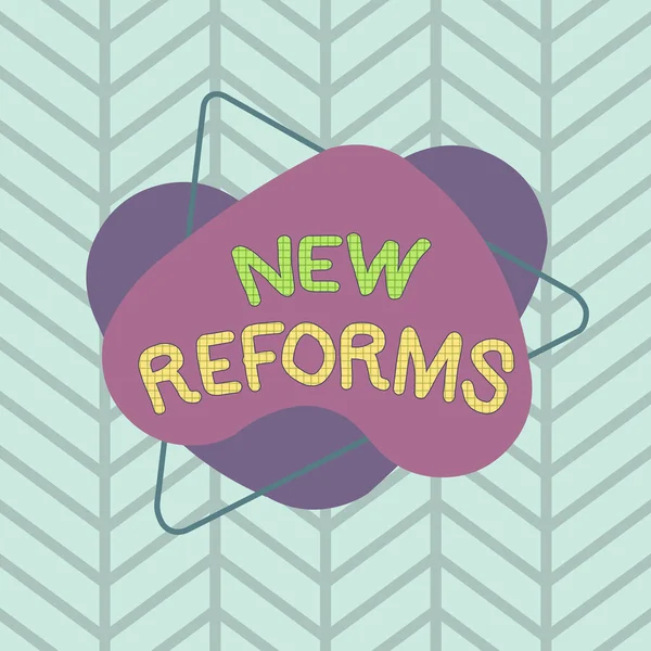 Text sign showing New Reforms. Conceptual photo to amend or improve by change of form or removal of faults Asymmetrical uneven shaped format pattern object outline multicolour design. — Stockfoto