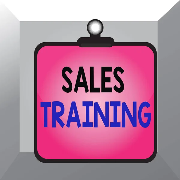 Conceptual hand writing showing Sales Training. Business photo showcasing train salesshowing the methods of great sales techniques Clipboard colorful background clip stuck bind plank frame.