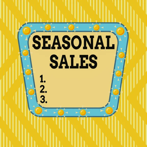 Writing note showing Seasonal Sales. Business photo showcasing Discount which is offered on goods at particular seasons Asymmetrical uneven shaped pattern object multicolour design. — Stockfoto