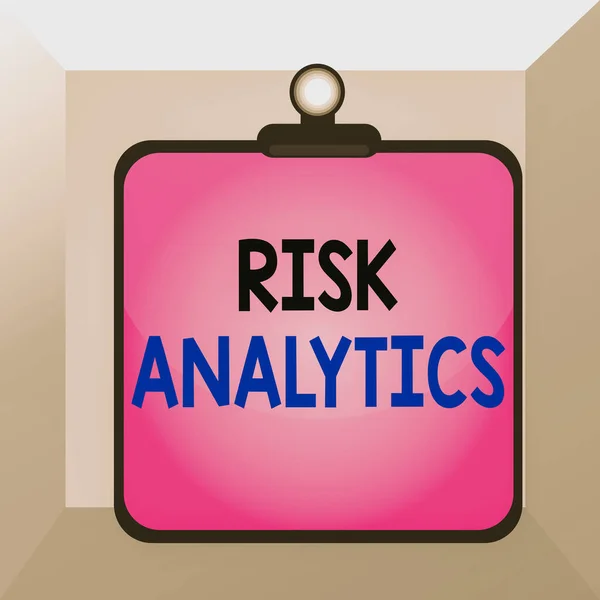 Conceptual hand writing showing Risk Analytics. Business photo showcasing study of underlying uncertainty of a given course of action Clipboard colorful background clip stuck bind plank frame. — Stockfoto