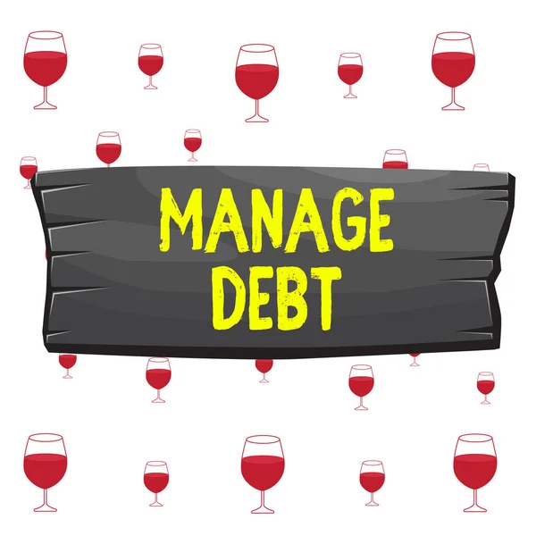 Text sign showing Manage Debt. Conceptual photo unofficial agreement with unsecured creditors for repayment Plank wooden board blank rectangle shaped wood attached color background. — 스톡 사진