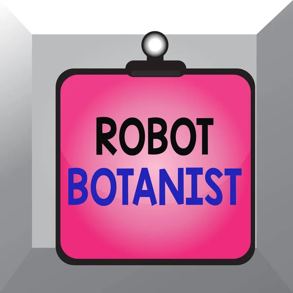 Conceptual hand writing showing Robot Botanist. Business photo showcasing Methods for automated botanical species identification Clipboard colorful background clip stuck bind plank frame.