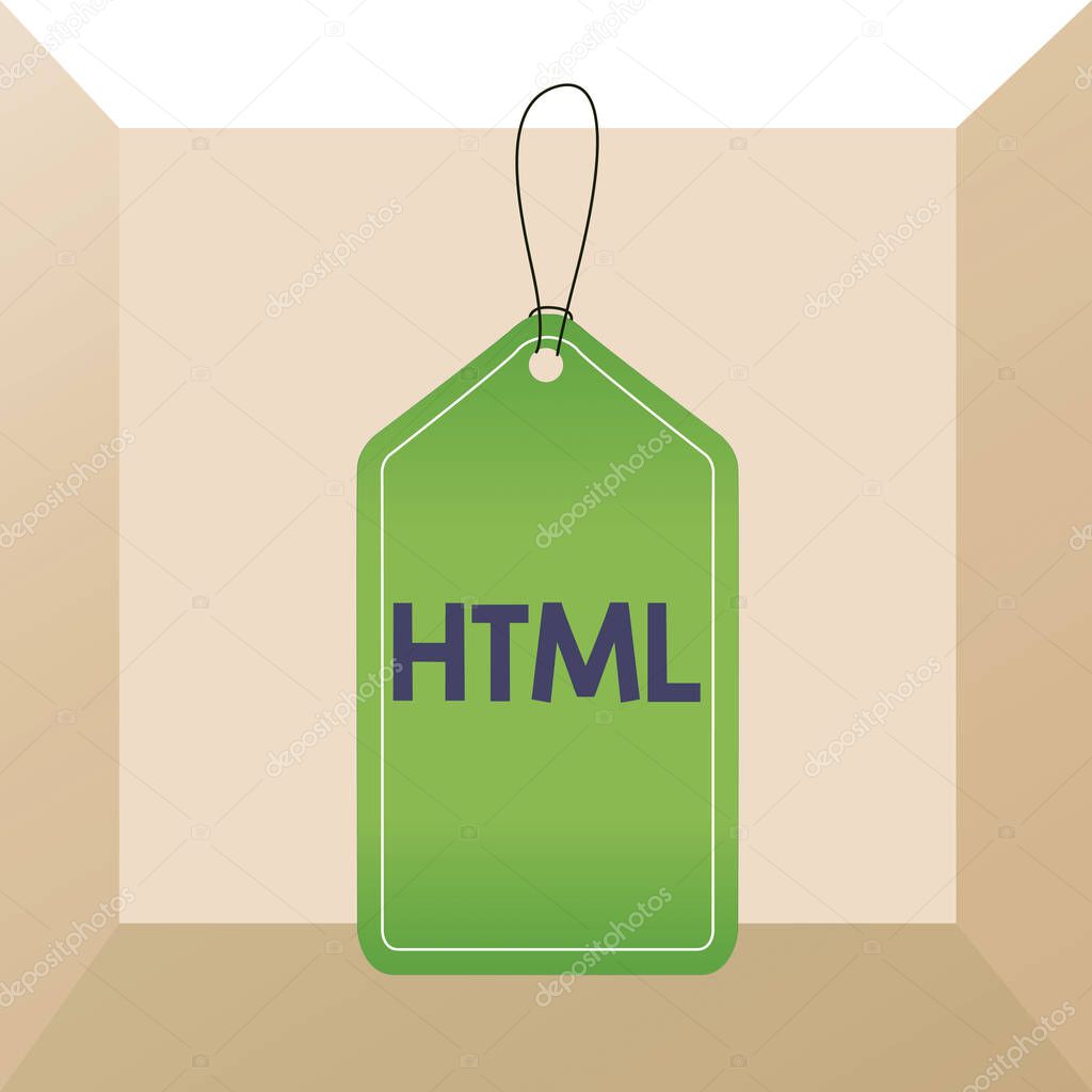 Conceptual hand writing showing Html. Business photo showcasing the lingua franca for publishing hypertext on the World Wide Web Empty tag colorful background label rectangle attach string.