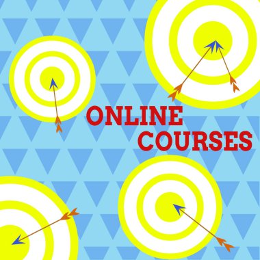 Conceptual hand writing showing Online Courses. Business photo text courses deliver a series of lessons to a web browser Arrow and round target asymmetrical shape multicolour design.