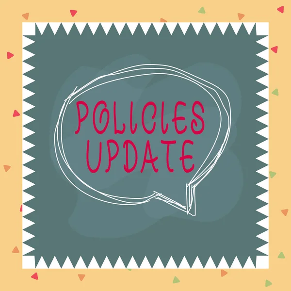 Writing note showing Policies Update. Business photo showcasing act of adding new information or guidelines formulated Speaking bubble inside asymmetrical object multicolor design. — Stockfoto
