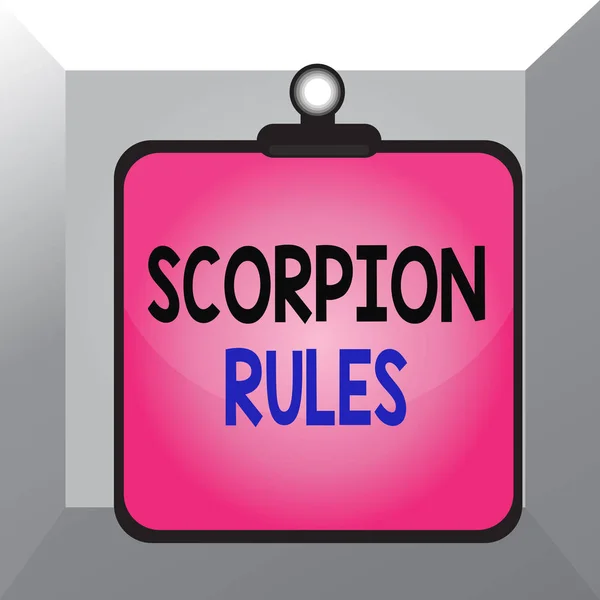 Conceptual hand writing showing Scorpion Rules. Business photo showcasing Dystopian young adult novel by Erin Bow Prisoners of peace Clipboard colorful background clip stuck bind plank frame. — ストック写真