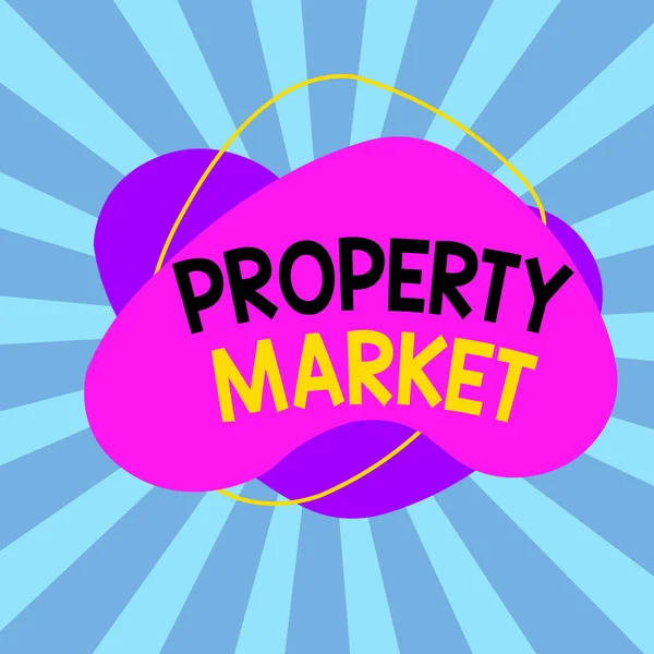 Text sign showing Property Market. Conceptual photo the buying and selling of land and buildings Estate market Asymmetrical uneven shaped format pattern object outline multicolour design. — Stockfoto