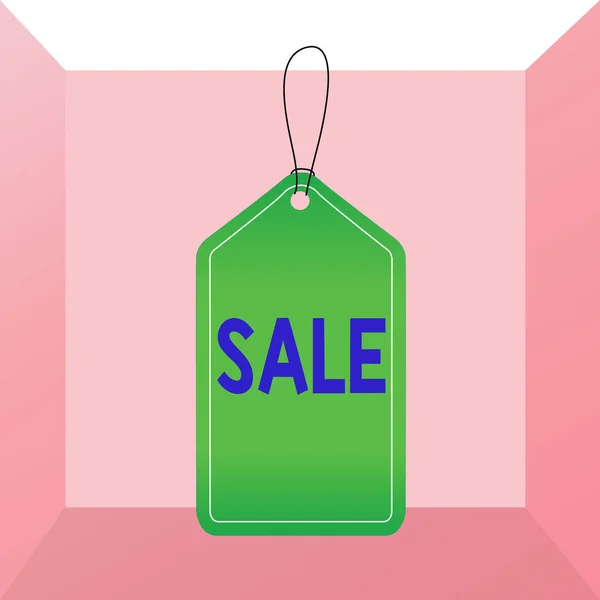 Conceptual hand writing showing Sale. Business photo showcasing event of putting products on high discount Great price Black Friday Empty tag colorful background label rectangle attach string. — Stock Photo, Image