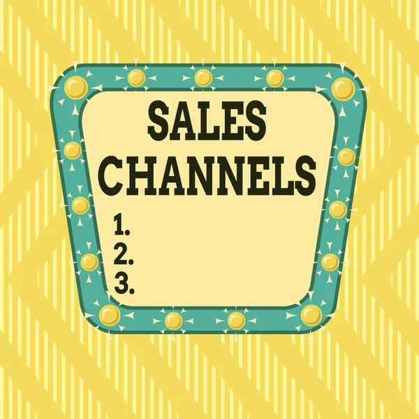 Writing note showing Sales Channels. Business photo showcasing involves a business selling directly to its customers Asymmetrical uneven shaped pattern object multicolour design. — ストック写真