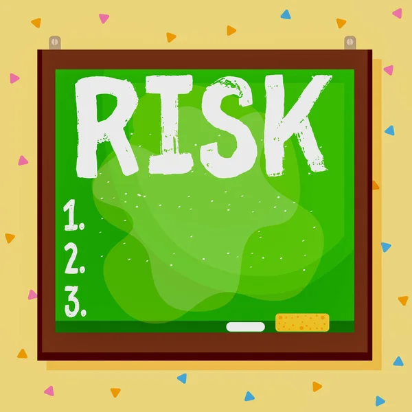 Writing note showing Risk. Business photo showcasing Possibility of losing something of value or threat of damage Asymmetrical uneven shaped pattern object multicolour design. — Stock Fotó