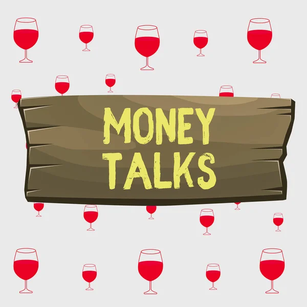 Text sign showing Money Talks. Conceptual photo the wealth gives power and influence to those who possess it Plank wooden board blank rectangle shaped wood attached color background. — Stok fotoğraf