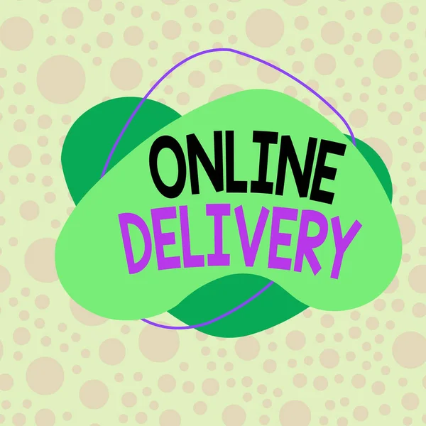 Conceptual hand writing showing Online Delivery. Business photo text the act or analysisner of delivering something through the net Asymmetrical format pattern object outline multicolor design. — Φωτογραφία Αρχείου