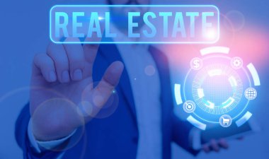 Conceptual hand writing showing Real Estate. Business photo text the property consisting of land and the buildings on it.