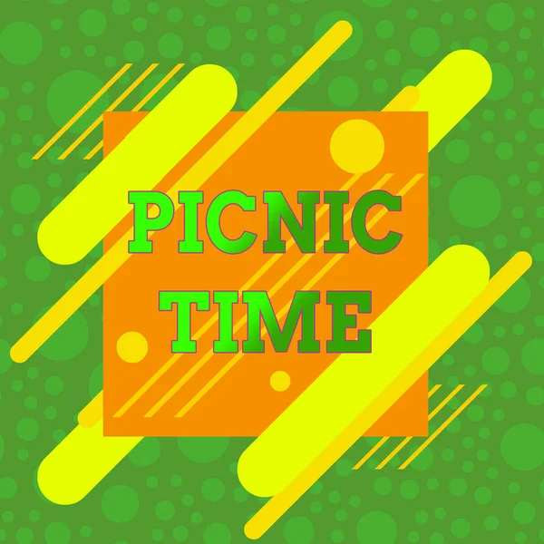 Handwriting text Picnic Time. Concept meaning period where meal taken outdoors as part of an excursion Asymmetrical uneven shaped format pattern object outline multicolour design. — 스톡 사진