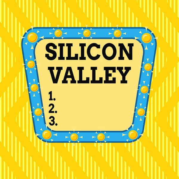 Writing note showing Silicon Valley. Business photo showcasing home to analysisy startup and global technology companies Asymmetrical uneven shaped pattern object multicolour design. — Stockfoto