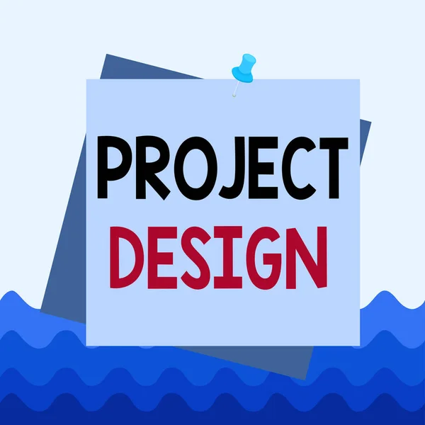Conceptual hand writing showing Project Design. Business photo showcasing process of creating or improving a product for clients needs Reminder color background thumbtack tack memo pin square. — Zdjęcie stockowe