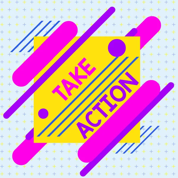 Text sign showing Take Action. Conceptual photo to do something To act in order to get a particular result Asymmetrical uneven shaped format pattern object outline multicolour design. — 图库照片
