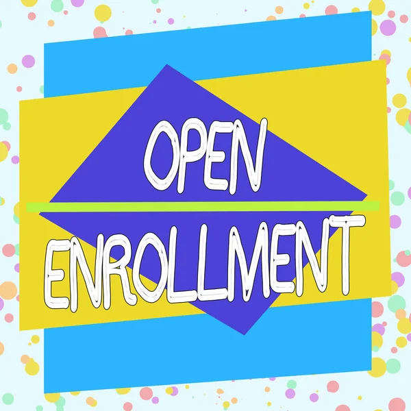 Word writing text Open Enrollment. Business concept for policy of allowing qualifying students to enroll in school Asymmetrical uneven shaped format pattern object outline multicolour design. — Stock Fotó