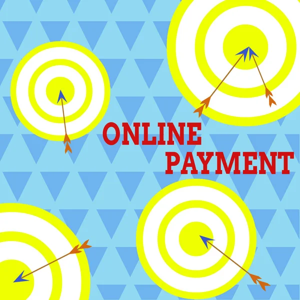 Conceptual hand writing showing Online Payment. Business photo text Internetbased method of processing economic transactions Arrow and round target asymmetrical shape multicolour design. — Stockfoto
