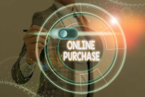 Nota de escrita mostrando compra on-line. Foto de negócios mostrando os consumidores compram diretamente mercadorias de um vendedor pela Internet . — Fotografia de Stock