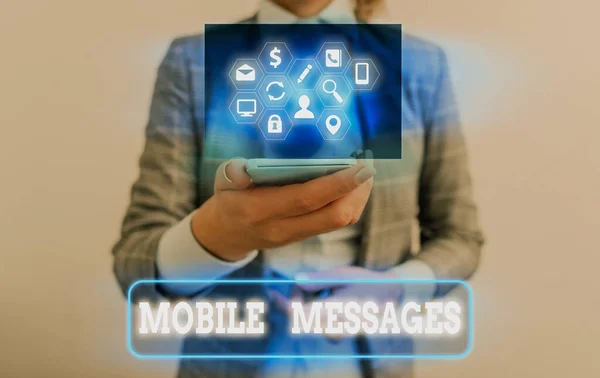Escritura manual conceptual mostrando Mensajes Móviles. Texto de la foto de negocios el acto de componer y enviar mensajes electrónicos . —  Fotos de Stock