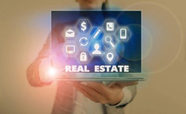 Kelime yazma metni Emlak. Arazi ve binalardan oluşan arazi için iş konsepti.