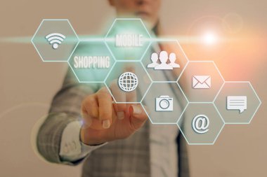 Handwriting text writing Mobile Shopping. Concept meaning trading of goods and services through wireless devices.