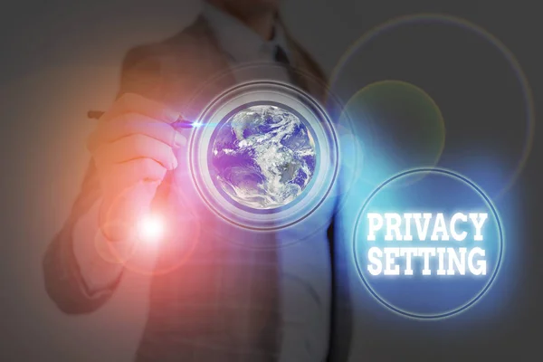 Writing note showing Privacy Setting. Business photo showcasing limit the access of profile and what information can see Elements of this image furnished by NASA. — Stock Fotó