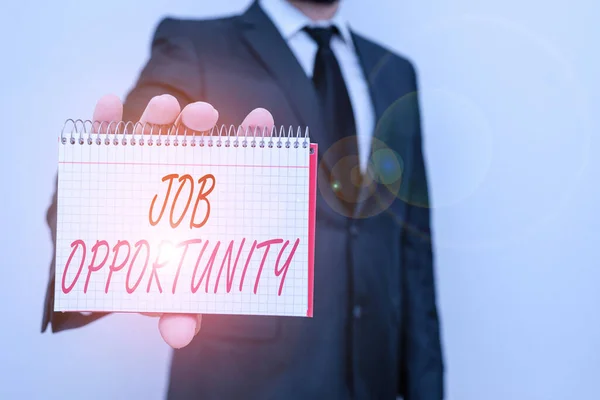 Text sign showing Job Opportunity. Conceptual photo an opportunity of employment or the chance to get a job Male human wear formal work suit office look hold mathematics book use hand. — Stock Fotó