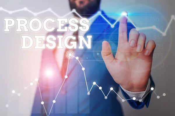 Nota de escritura que muestra el diseño del proceso. Proceso de creación y desarrollo de un plan para un producto . — Foto de Stock