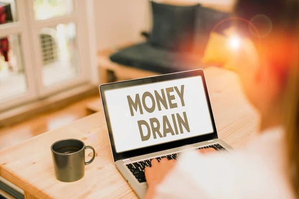 Writing note showing Money Drain. Business photo showcasing To waste or squander money Spend money foolishly or carelessly. — Stockfoto