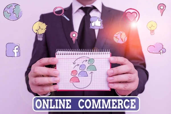 Conceptual hand writing showing Online Commerce. Business photo showcasing activity of buying or selling of products on online services. — Stock Photo, Image