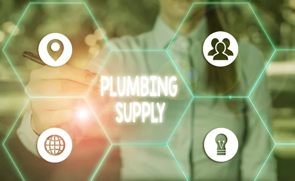 Text sign showing Plumbing Supply. Conceptual photo tubes or pipes connect plumbing fixtures and appliances.
