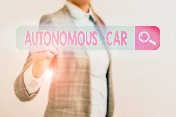 Концептуальний почерк, що показує автономний автомобіль. Автомобіль ділового фототексту, який може керувати собою без людської поведінки . — стокове фото