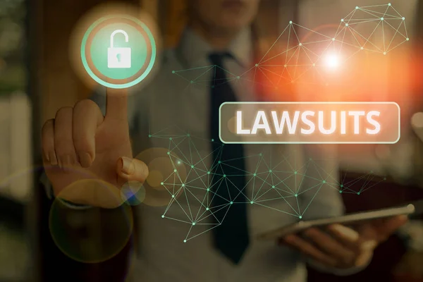 Text sign showing Lawsuits. Conceptual photo a claim or dispute brought to a law court for adjudication. — Stock Photo, Image