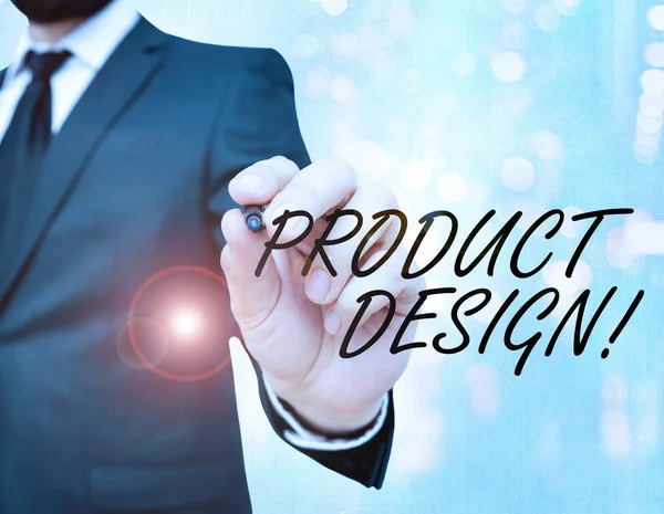 Escrita de mão conceitual mostrando Design de produto. Foto de negócios mostrando processo de criação ou melhoria de um produto para as necessidades dos clientes . — Fotografia de Stock