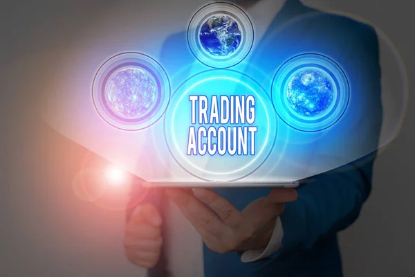 Escritura a mano de texto Trading Account. Concepto que significa cuenta de inversión con valores en efectivo u otras participaciones Elementos de esta imagen proporcionados por la NASA . — Foto de Stock