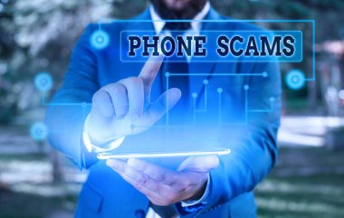 Telefon dolandırıcılığını gösteren kavramsal el yazısı. Yasadışı para elde etmek için telekomünikasyonların iş fotoğrafı metni kullanımı.