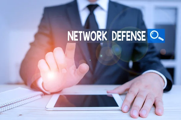 Writing note showing Network Defense. Business photo showcasing easures to protect and defend information from disruption Male human wear formal clothes present use hitech smartphone. — 스톡 사진