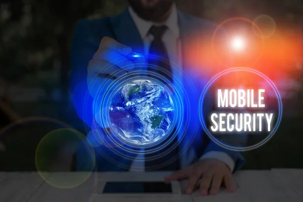 Writing note showing Mobile Security. Business photo showcasing efforts to secure data on mobile devices such as smartphones Elements of this image furnished by NASA. — Stockfoto