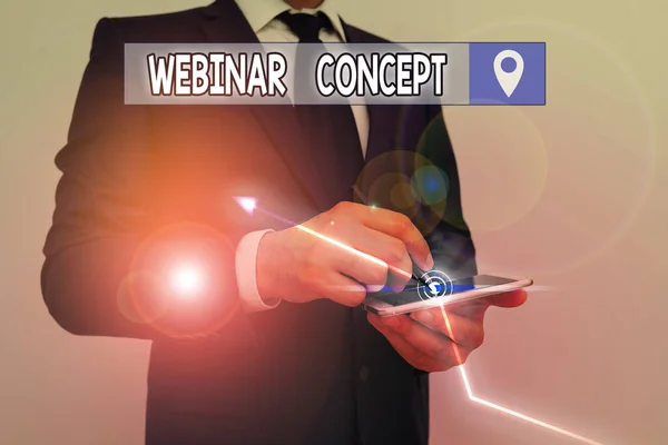 Writing note showing Webinar Concept. Business photo showcasing workshop or seminar that is transmitted over the Web. — Stock Photo, Image