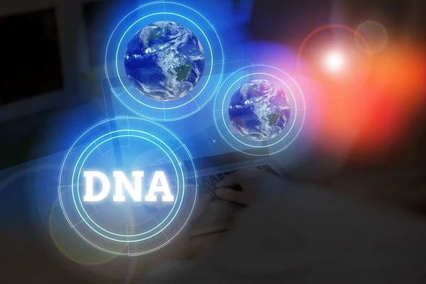 Word writing text Dna. Business concept for a selfreplicating material wpresent in nearly all living organisms Elements of this image furnished by NASA. — Stockfoto