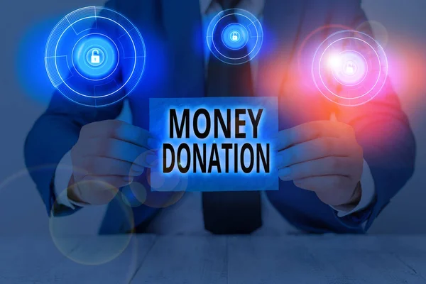 Escritura a mano conceptual que muestra la donación de dinero. Texto de foto de negocios algo que alguien da a una organización benéfica u otra . —  Fotos de Stock