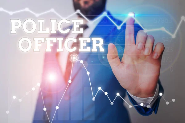 Writing note showing Police Officer. Business photo showcasing a demonstrating who is an officer of the law enforcement team. — Stockfoto