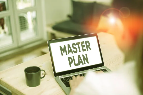 Schreibnotiz mit Masterplan. Business-Foto präsentiert dynamische langfristige Planung dokumentieren umfassenden Aktionsplan. — Stockfoto