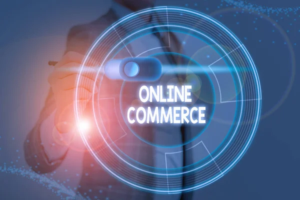 Writing note showing Online Commerce. Business photo showcasing activity of buying or selling of products on online services. — Stock Photo, Image